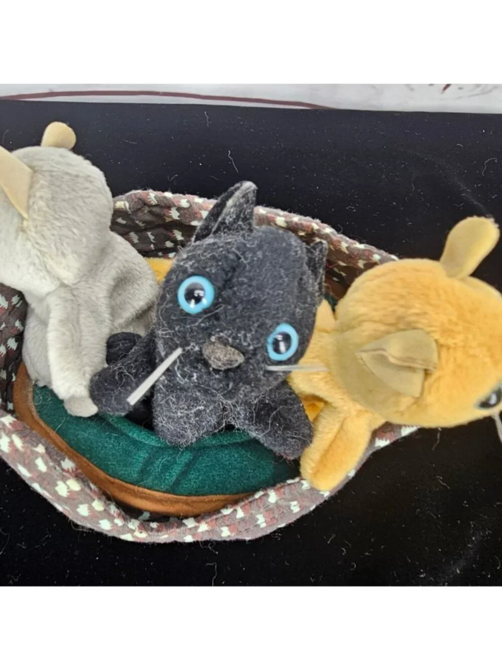 Three Folkmanis Plush Kitten Finger Puppets In Decorative Basket With Realistic